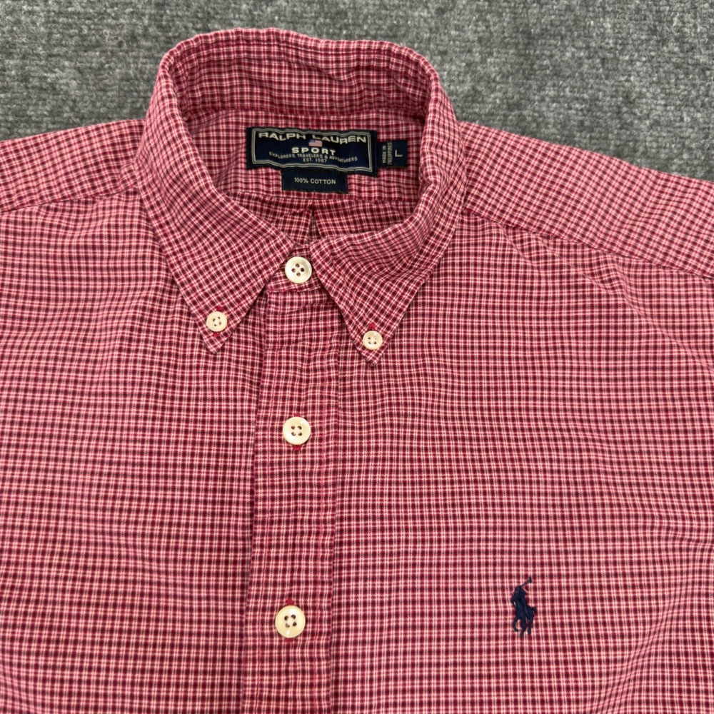 Ralph Lauren Sport Micro Check Button Down Shirt Red Navy Size L